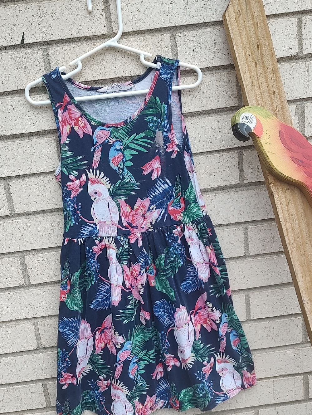 H&M Navy Tropical Parrot Print Sleeveless Dress with Pink & Green Accents